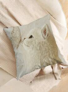 1 件 2D 平面印花白猫和蝴蝶枕套，18 英寸 X 18 英寸 - 非真刺绣，柔软舒适的装饰靠垫套，适用于农舍、办公室、家庭、客厅、卧室装饰 | 精美装饰抱枕，不含枕芯，2D 平面 - 米色 - 查看 4