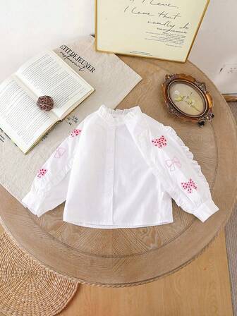 1件女童甜美刺绣蝴蝶结装饰荷叶边长袖衬衫，春秋季