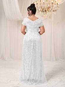 YISIKADO 大码女式亮片V领披肩短袖派对晚礼服 - 白色 - 查看 2