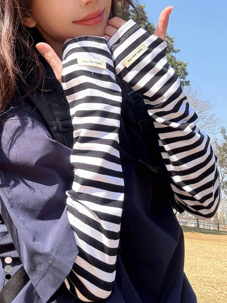 1双条纹臂套夏季冰丝防晒臂套长款宽松女骑行袖防紫外线条纹设计 - 布標條紋 - 查看 4