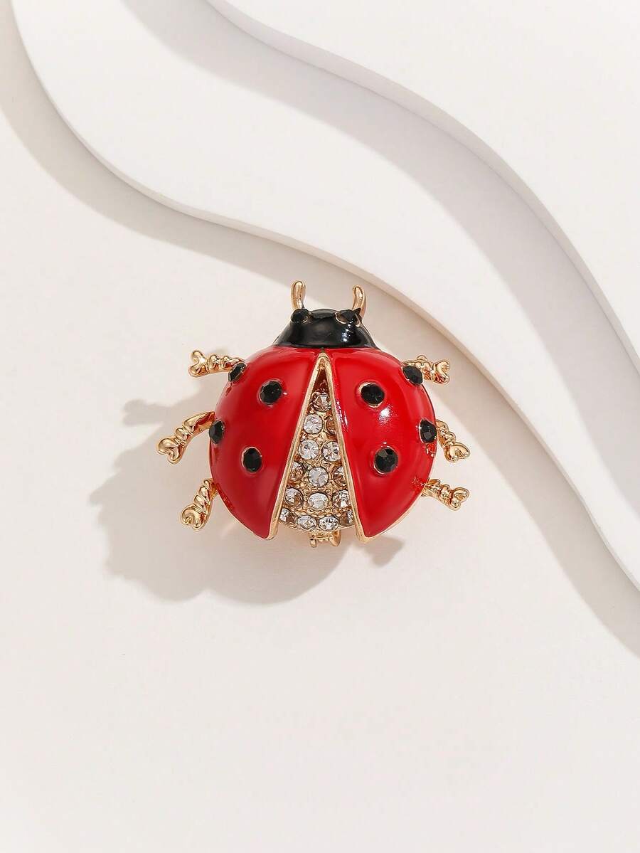 1pc Red Rhinestone Seven-Star Ladybug Brooch Pin, Cute Beetle Shirt Backpack Suit Accessory For Men And Women - Red - View 1
