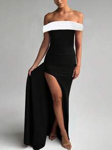 Women Solid Side Slit Off Shoulder Skinny Long Dress Bodycon Elegant Sexy Party Dress Evening Clothes