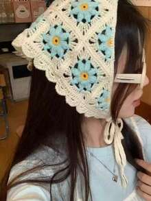 1 件韩国甜美辣椒钩针镂空三角围巾，可爱领带头带，适合旅行（手工编织草莓叶，数量随机）头巾头巾发巾，头巾秋冬发带发饰，适合女士度假装扮 - 彩色 - 查看 18