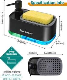 Hand And Dish Soap Dispenser Set For Kitchen, Dual Soap Dispenser With Sponge Holder, 3-In-1 Countertop Soap Pump Dispenser For Kitchen Sink, Useful Kitchen Gadgets - Black - View 6