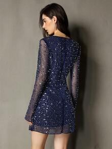 女士水钻装饰方领修身短款正式鸡尾酒会礼服，优雅时尚，适合特殊场合 - 藏蓝色 - 查看 2