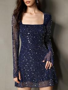 女士水钻装饰方领修身短款正式鸡尾酒会礼服，优雅时尚，适合特殊场合 - 藏蓝色 - 查看 1