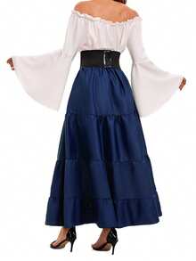 Women Medieval Dress Contrast Off Shoulder Long Sleeve Long Tiered Dress Renaissance Costume For Party Stage Perfect For Cosplay Halloween - Blue - View 3