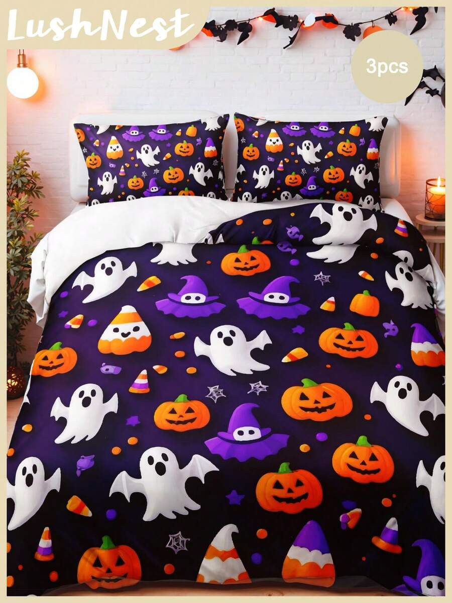 2/3pcs Multi-Color Synthetic Fiber Halloween Pumpkin & Ghost Eye Print Set - Multicolor - View 1