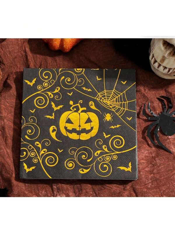 20/40/60pcs Halloween Party Napkins - Happy Halloween Disposable Black Paper Napkins With Gold Foil - 6.5" X 6.5" For Festive Decoration And Party Events