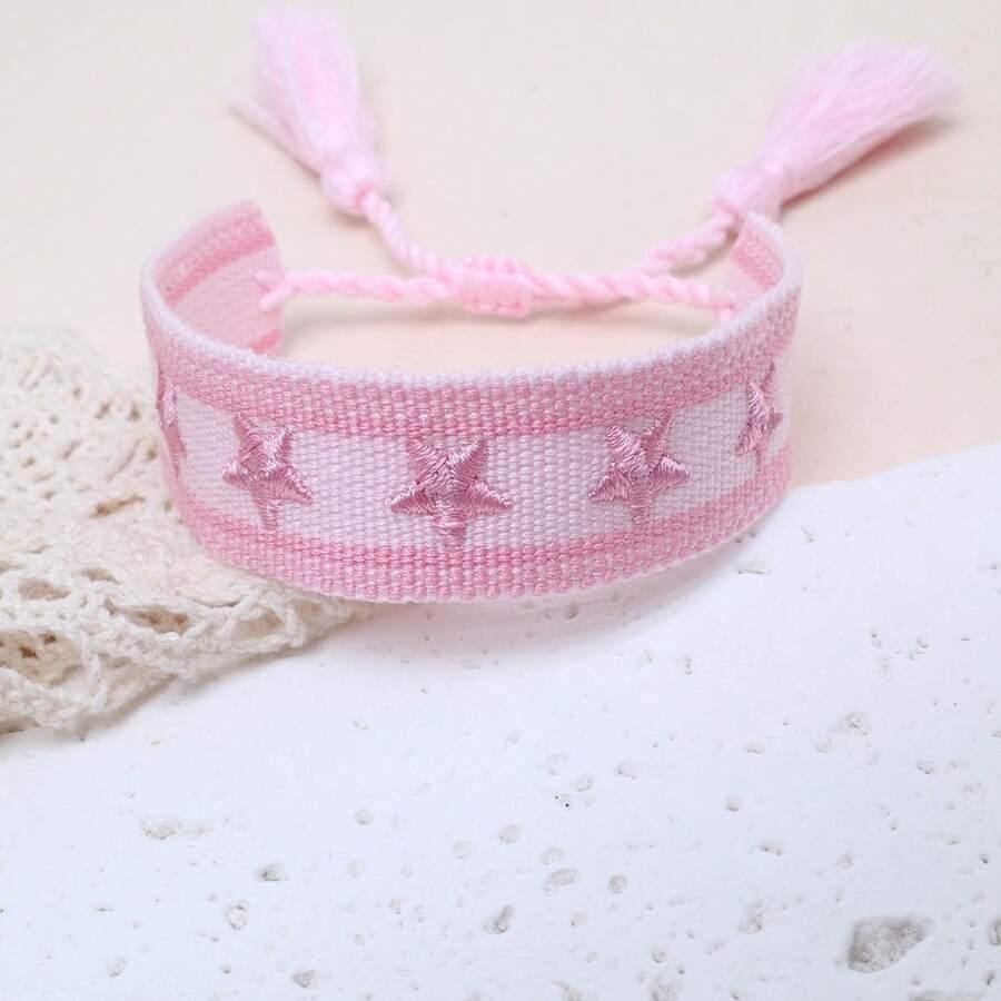 1 pieza Brazalete trenzado con decoración de estrella hecho a mano, diseño de bordado creativo, adecuado para fiestas, playa, viajes, regalo para amigos, familia, compañeros de clase - Rosa Pálido - Ver 1