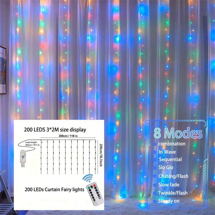 1pc LED Window Curtain Lights With 8 Lighting Modes Remote Control, USB Powered Fairy Lights For Christmas, Halloween, Wedding, Home, Garden, Bedroom, Holiday Party Decor - USB Curtain Light - View 18