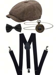 D EXCEED 3/4 pièces Accessoires pour hommes des années 1920 : Chapeau Fedora style gangster, bretelles Y-Back et nœud papillon pré-noué. Ensemble pour hommes des Années folles : Casquette Newsboy Ivy pour une fête sur le thème de Gatsby le Magnifique