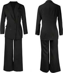 Women's Fashion Pants Suit Piece Business Outfits Casual Double Breasted And Pant Sets - 0黑色 - 查看 5