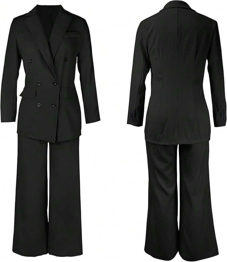 Women's Fashion Pants Suit Piece Business Outfits Casual Double Breasted And Pant Sets - 0黑色 - 查看 5