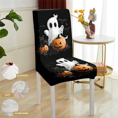 1 pieza Funda de silla personalizada impresa, Funda de silla con patrón de calabaza y murciélago de Halloween, divertida y festiva, adecuada para Pascua, Día de la Madre, Día del Padre, Acción de Gracias, Navidad, mesa de comedor, mesa de café, gabinete de TV, comedor y decoración del hogar, regalo