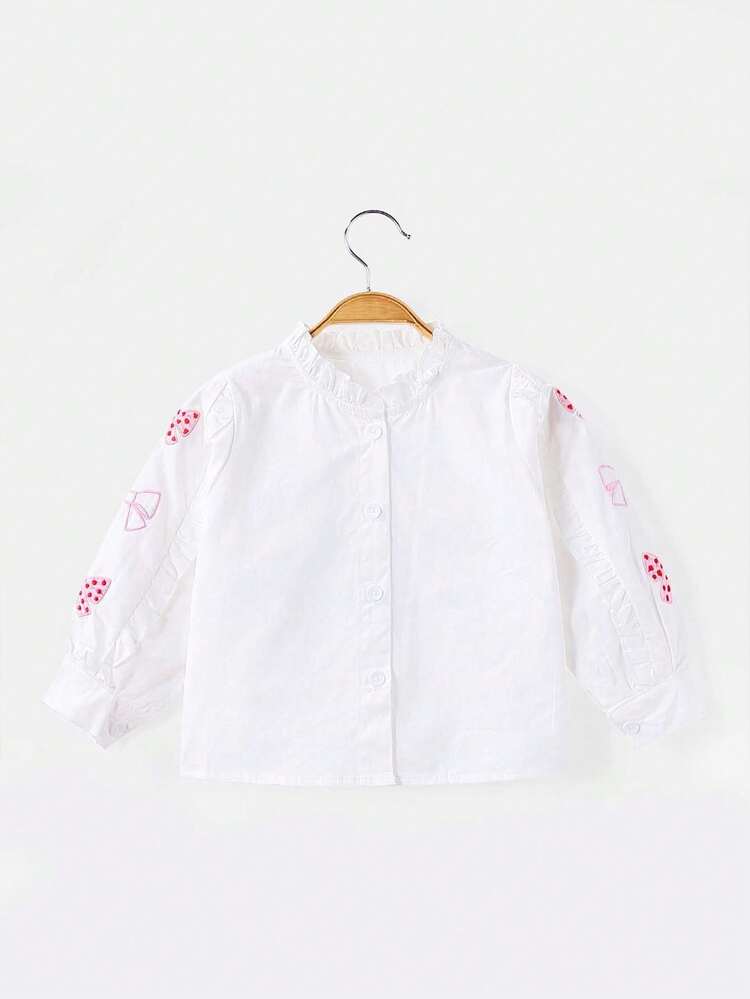 1pc Girls' Sweet Embroidered Bow Decor Frill Trim Long Sleeve Blouse, Spring/Autumn - White - View 2