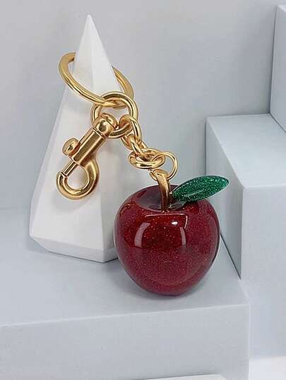 1pc Fashionable Resin Apple Keychain With Gold-Tone Metal Chain And Ring - Bright Red Apple Pendant, Suitable For Women's Handbag, Backpack, Wallet - Cute Gift Accessory, Keychain Decor, Elegant Car Key Chain, Best For Christmas, Birthday, Valentine's Day, New Year Gift
