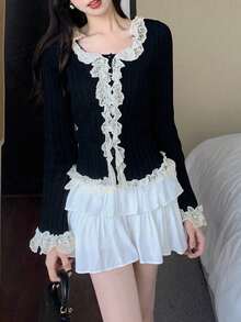 Áo khoác cardigan dài tay nữ viền ren Pháp, ôm dáng, thích hợp cho mùa thu/đông, kiểu dáng ngọt ngào nữ tính, phù hợp mặc hàng ngày và hẹn hò, áo dài tay màu đen. - màu đen - Xem 5