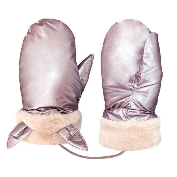 1 Pair Women's Windproof Winter Gloves With Leash, Soft Lining Full Finger Gloves