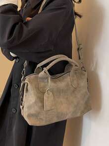 New Vintage PU Leather Women Handbag, Fashion Zipper Shoulder Bag With Detachable Strap, Women Work Travel 2-In-1 Bag, Gray, Black, Green - Khaki - View 5