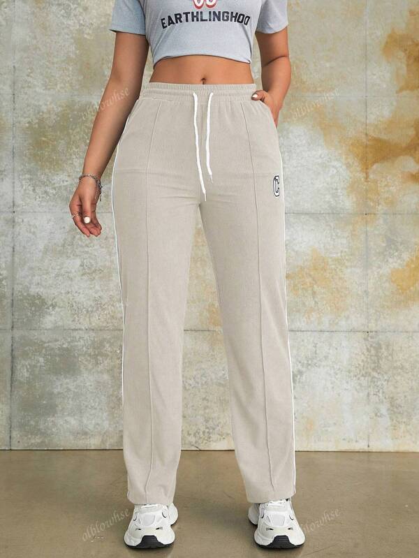 Street Grey Elastic Drawstring High Waist Letter Pattern Corduroy Slant Pocket Wide Leg Cargo Pants Daily Casual Comfy Trousers