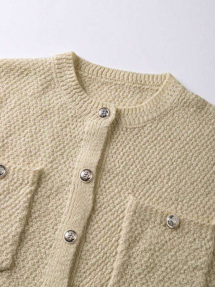 FOR BEAUTY Round Neck Solid Color Spring/Summer New Short Sleeve Knit Cardigan, Ribbed Pockets, Fashionable, Comfortable & Soft, New Year Item - Light Apricot - View 9