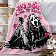 1pc Halloween Theme Fleece Blanket, Featuring Scream Face "NO, YOU HANG UP FIRST" & Heart Pattern, Plush Flannel Blanket For Autumn, Super Soft Valentine's Day Gift Blanket, Holiday Decor & Gift Choice, Suitable For Living Room, Bedroom, Office, Camping, Party, Gift For Family & Friends, Nap Blanket | Sofa Throw | Air Conditioning Blanket, Multiple Sizes Available, Pink Blanket