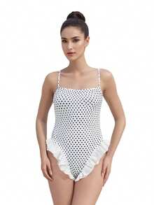 Traje de baño monokini para mujer, color sólido, tirantes finos, volantes, sin mangas, traje de baño de verano, bikini - Blanco - Ver 7