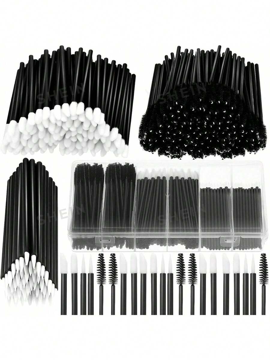 313 piezas Kit de herramientas de maquillaje que incluye 1 caja organizadora de plástico, pinzas para el cabello, pinceles de delineador, varitas de rímel y aplicadores de lápiz labial para labios