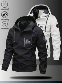 1pc Men's Lightweight Windproof Waterproof Hooded Jacket With Letter Print, Suitable For Casual Outdoor Hiking Camping Workout, Autumn/Winter