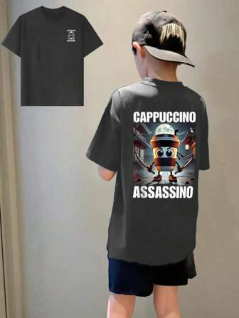 Maglietta a girocollo con stampa grafica casual per ragazzo pre-adolescente, top estivo