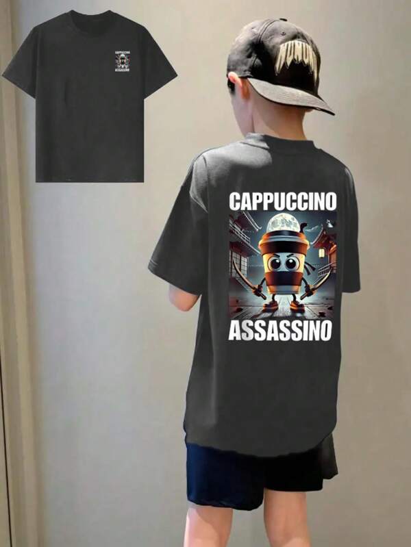 Maglietta a girocollo con stampa grafica casual per ragazzo pre-adolescente, top estivo