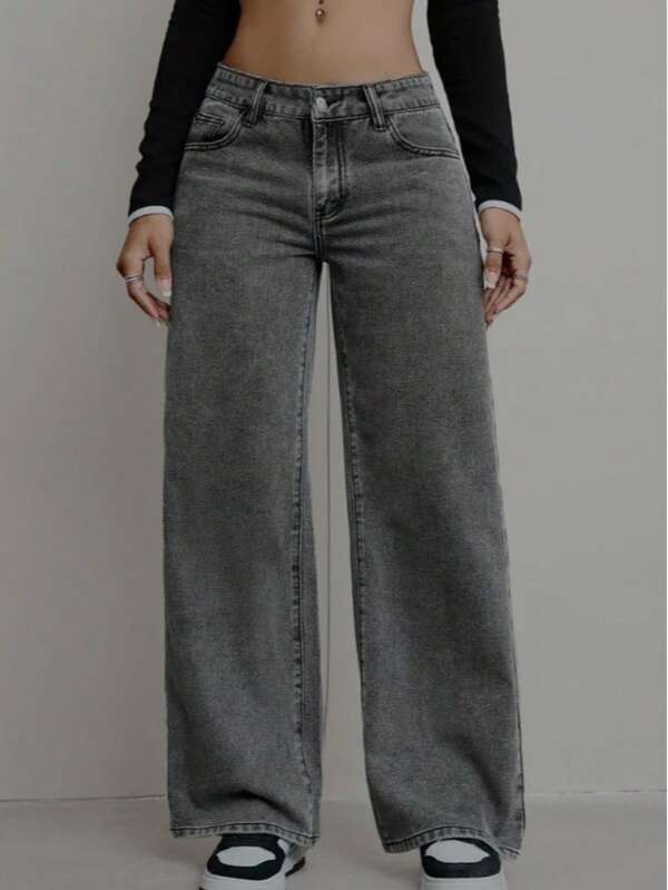 Calca jeans feminina Wide Leg Grafite Chumbo Marmorizada cintura alta Bumbum