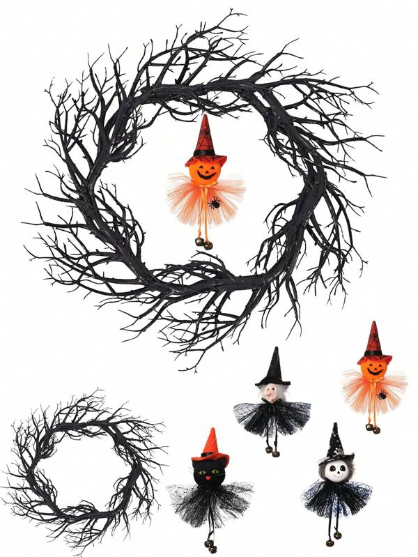 1pc/2pcs Halloween Pumpkin Cat Witch Wreath - Handmade Black Rattan Wreath With Pumpkin Pumpkin Witch Cat Bells, Front Door Decorations Window Decorations Room Decorations For Indoor And Outdoor Home Halloween Holiday Decorations.