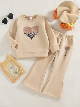 2pcs Young Girls Casual Heart Print Long Sleeve Sweatshirt And Pants Set, Regular Fit, Thermal Lined, Suitable For Autumn/Winter