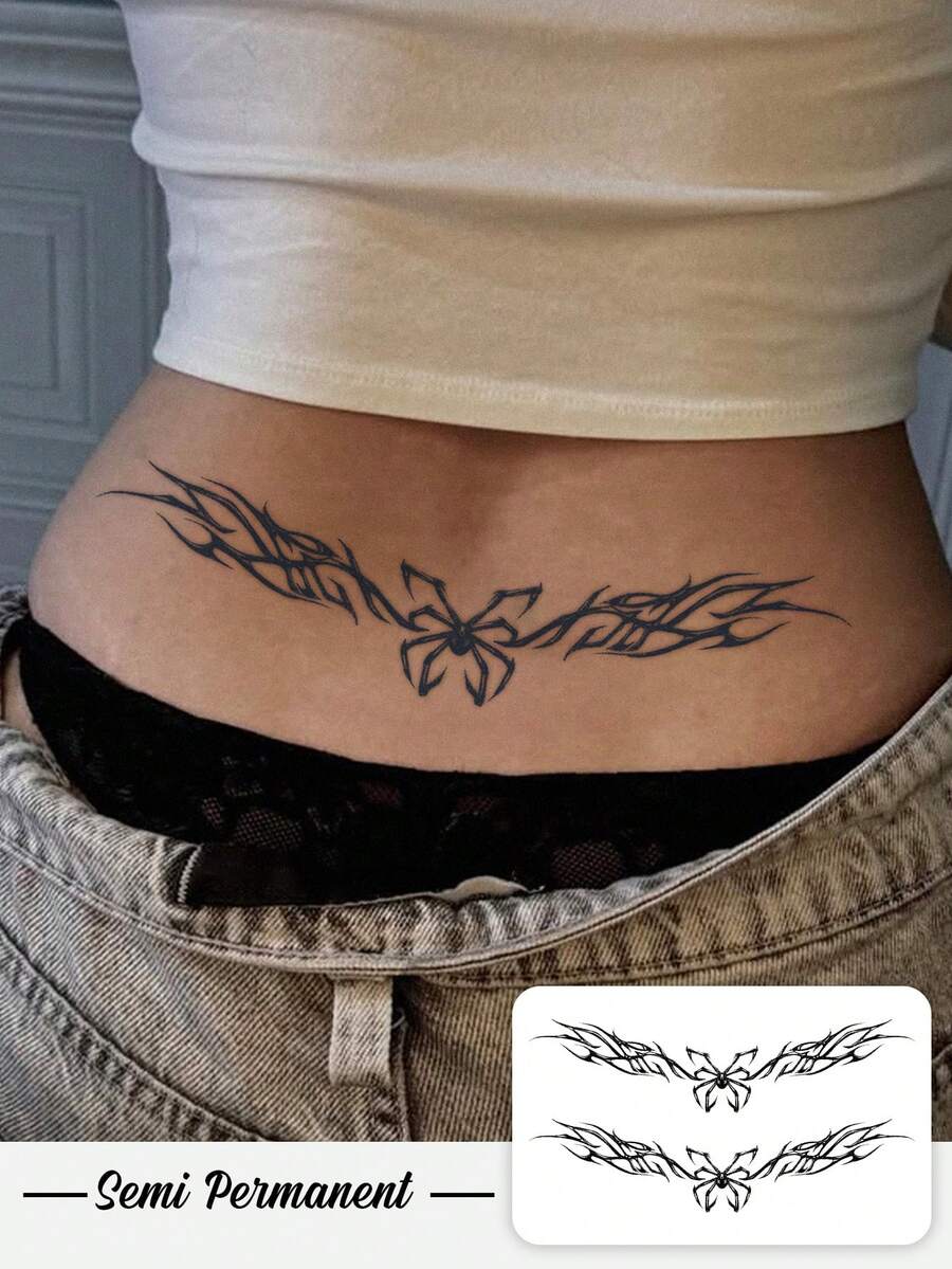 Tatuaje temporal de 7 a 14 días de duración con diseño de tótem de araña y súcubo de hierbas, impermeable y resistente al sudor, pegatina de tatuaje falso de súcubo para la cintura, arte corporal de tatuaje temporal, apto para uso diario - Negro - Ver 1