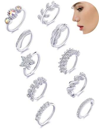 10个闪亮不锈钢镀金/镀银AAA+ CZ鼻环，花朵/羽毛/星星造型，女士款 - 适合日常佩戴、派对和身体饰品