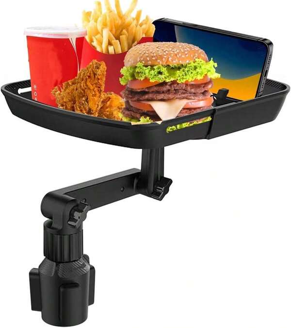 Bandeja portavasos talla grande grande, bandeja para comida de coche de 10 pulgadas, soporte de vasos de coche desmontable 3 en 1 y bandeja portavasos giratoria a 360° con soporte para teléfono, esenciales para viajes por carretera