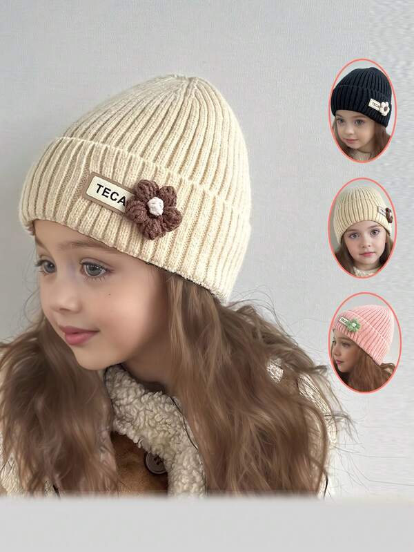 1 Girl's Knitted Hat Cute Flower Baby Bean Hat Winter Thick Warm Knitted Hoodie For Preschool Children And Girls Wool Crochet Headscarf Halloween Accessories