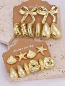8/10/18件套海星、贝壳、蝴蝶结、水滴、耳钉、扭纹C形耳环套装，海洋风耳环，适合作为礼物送给家人、朋友，也适合节日、夏季海滩派对以及女士日常佩戴。 - 金黃色 - 查看 11