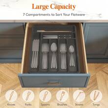 Fast Delivery Lifewit Silverware Organizer With Lid, Covered Utensil Tray Kitchen Drawer And Countertop, Plastic Cutlery And Flatware Storage Box Spoons Forks Knives Holder, 6 Compartments, Black Quality Assurance 9GUQ - màu đen - Xem 4
