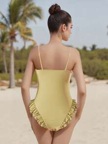 Traje de baño monokini para mujer, color sólido, tirantes finos, volantes, sin mangas, traje de baño de verano, bikini - Amarillo - Ver 6