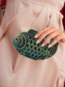 Women Mini Fish Evening Clutch Rhinestone Purse Sparkling Handbag For Wedding Party Banquet - 墨綠色 - 查看 4