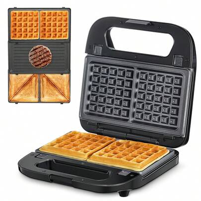 3-In-1 Waffle, Grill & Sandwich Maker, Panini Press Grill And Waffle Iron Set With Removable Non-Stick Plates & 403 Stainless Steel, Perfect For Cooking Grilled Cheese, Tuna Melts, Burgers, Steaks And Snacks