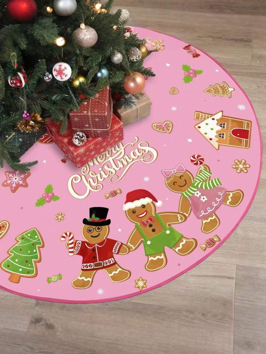 Saia para árvore de Natal Joy, 48 polegadas, boneco de gengibre, tapete para árvore de Natal com lindos enfeites de floco de neve de frutas vermelhas doces para festival de inverno, decoração de festa de Natal e ano novo (rosa) - Rosa - Ver 1