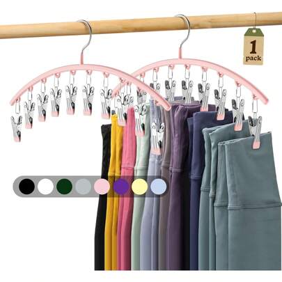 Legging Organizer For Closet, Metal Yoga Pants Hanger W/Rubber Coated 1 Pack W/10 Clips Hold 10 Leggings, Hangers Space Saving Hanging Hangers For Closet Organizers And Storage-Pink