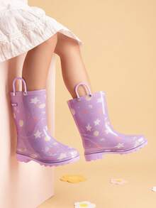 Kids' Waterproof Rain Boots Lightweight Pull-On Toddler Boots With Handles For Girls & Boys Cute Playtime Outdoor Shoes Purple - 紫色 - 查看 2