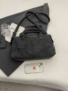 新款复古PU皮女士手提包，时尚拉链单肩包，配可拆卸肩带，女士工作旅行二合一包，灰色、黑色、绿色 - 黑色 - 查看 9