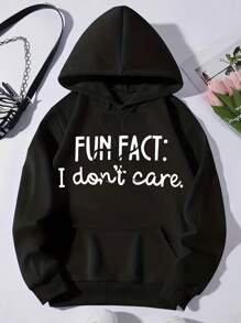 Graphic Hoodie Women's Casual Blended Hoodie With The Words "Funny: I Don't Care", Long-Sleeved Pullover, Pocket, Four-Season Knitted Fabric Hoodie, Casual Black Casual Pattern Hoodie, Sweater Hoodie - Black - View 2