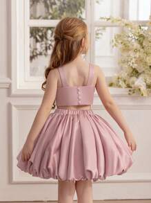 2pcs/Set Young Girl Floral Embroidered Pink Spaghetti Strap Dress, Elegant Princess Style Outfit Suitable For Birthday Party, Wedding, School Performance, Holiday Occasions